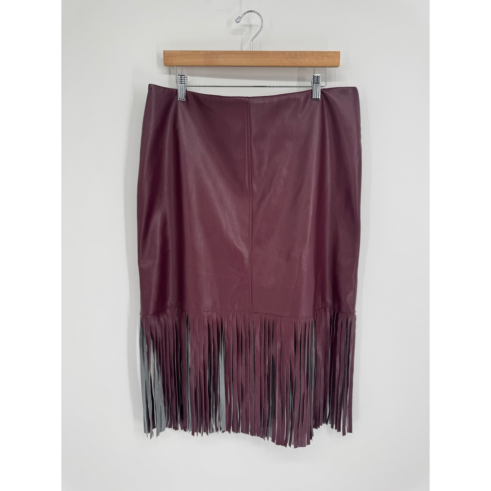 INC Faux Leather Fringe Midi Skirt Womens 14 Burgundy Western Boho Statement - Picture 2 of 9